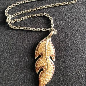 Rustic Gold Necklace Rhinestone Leaf Pendant